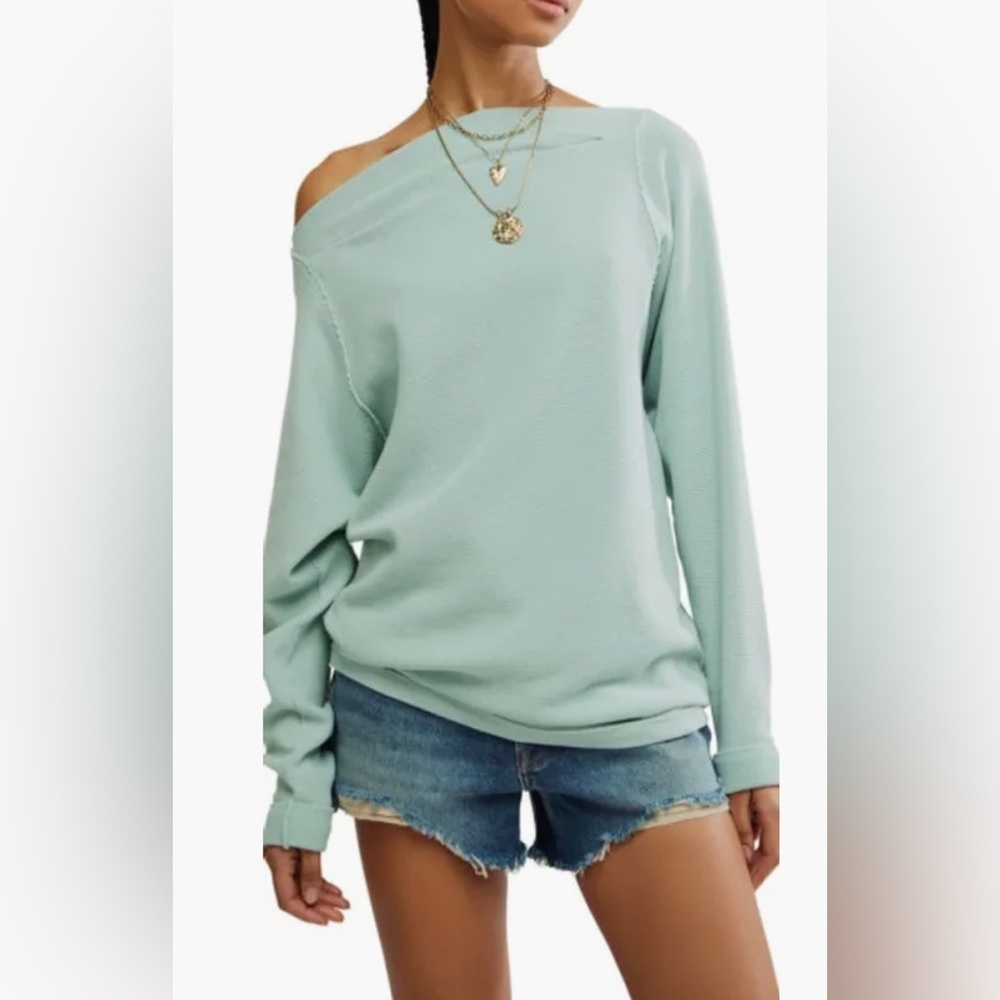 We The Free Sammie Oversized Off The Shoulder Thermal Top XS in Harbor Grey NWT